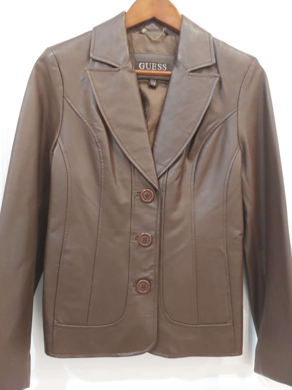 GUESS Brown Leather Notched-Lapel Blazer